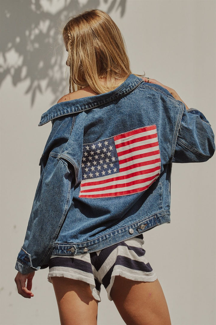 American Flag Patch Denim Jacket Patriotic 4th of July Ameri in Denim - Women's Wholesale Pants | Trend Notes