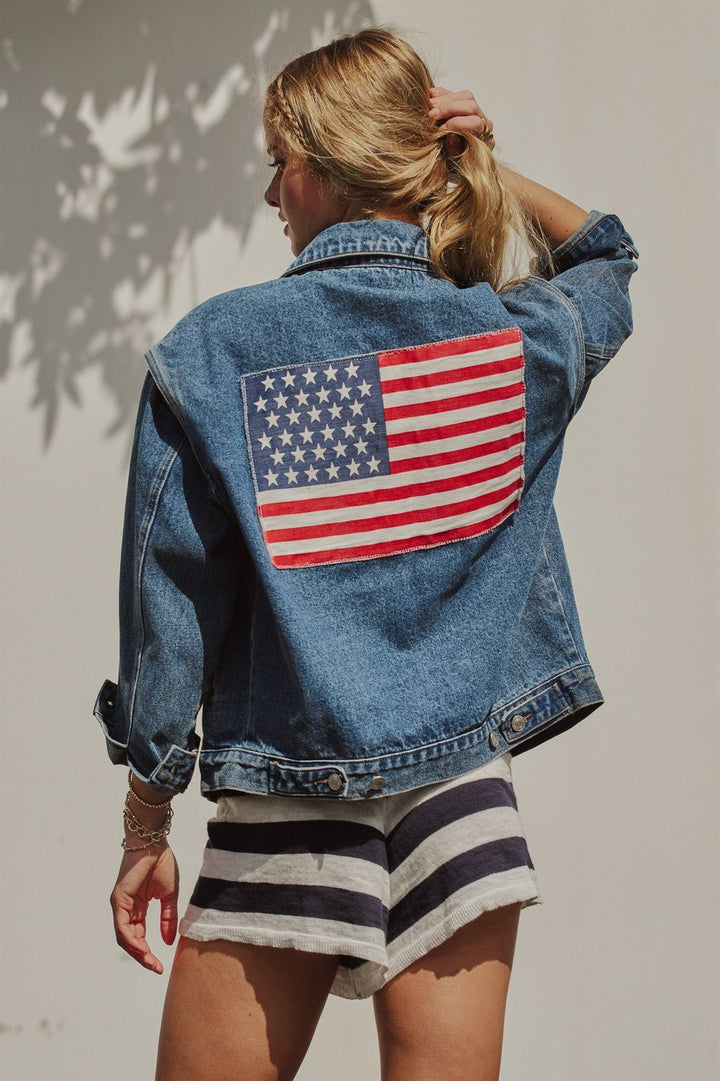 American Flag Patch Denim Jacket Patriotic 4th of July Ameri in Denim - Women's Wholesale Pants | Trend Notes