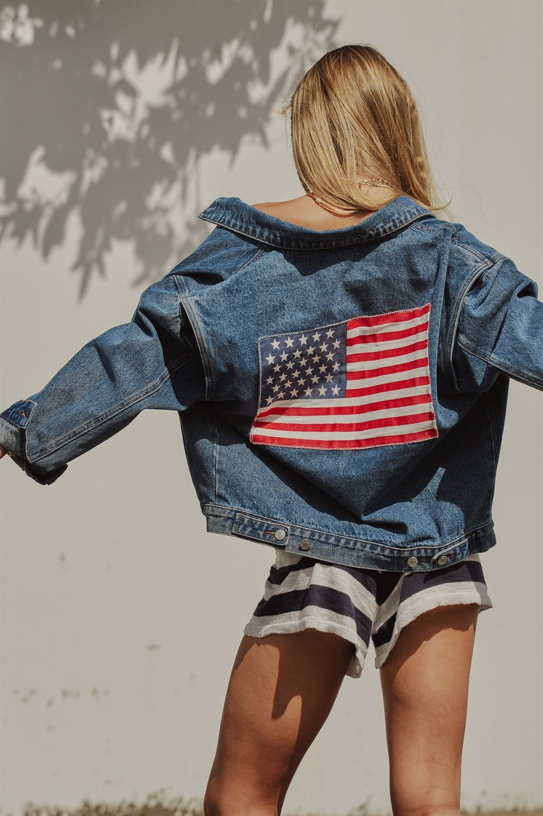 American Flag Patch Denim Jacket Patriotic 4th of July Ameri in Denim - Women's Wholesale Pants | Trend Notes