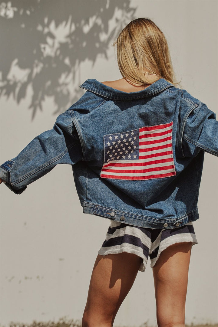 American Flag Patch Denim Jacket Patriotic 4th of July Ameri in Denim - Women's Wholesale Pants | Trend Notes