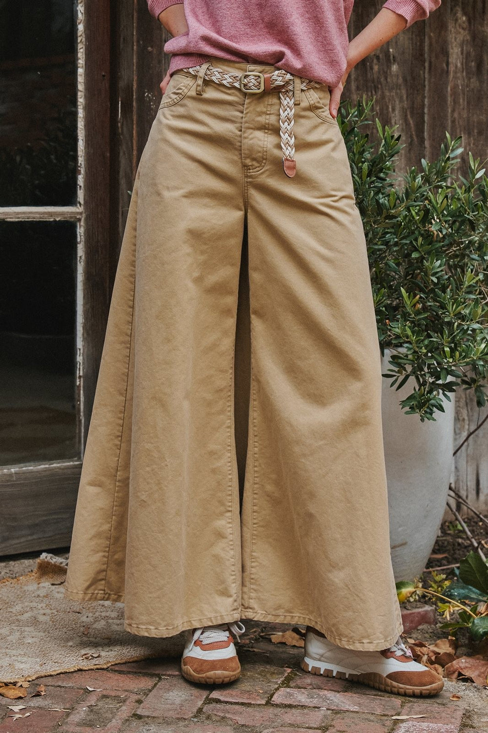 Washed Cotton Wide Leg Palazzo Pants with Woven Belt in Khaki - Women's Wholesale Casual Pants | Trend Notes