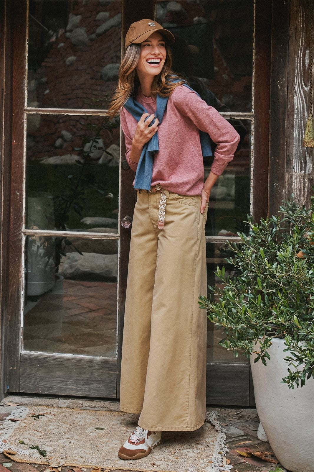 Washed Cotton Wide Leg Palazzo Pants with Woven Belt in Khaki - Women's Wholesale Casual Pants | Trend Notes