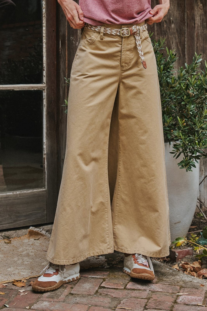 Washed Cotton Wide Leg Palazzo Pants with Woven Belt in Khaki - Women's Wholesale Casual Pants | Trend Notes
