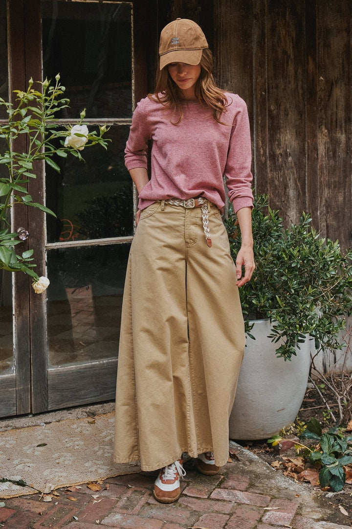 Washed Cotton Wide Leg Palazzo Pants with Woven Belt in Khaki - Women's Wholesale Casual Pants | Trend Notes