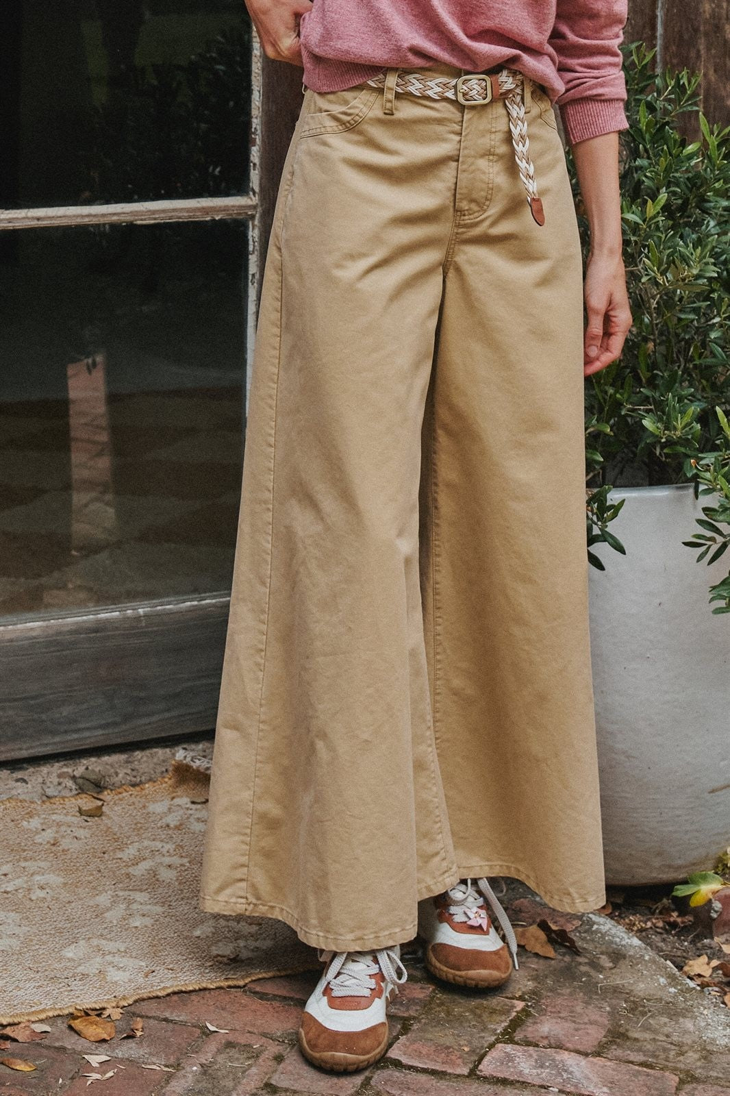 Washed Cotton Wide Leg Palazzo Pants with Woven Belt in Khaki - Women's Wholesale Casual Pants | Trend Notes