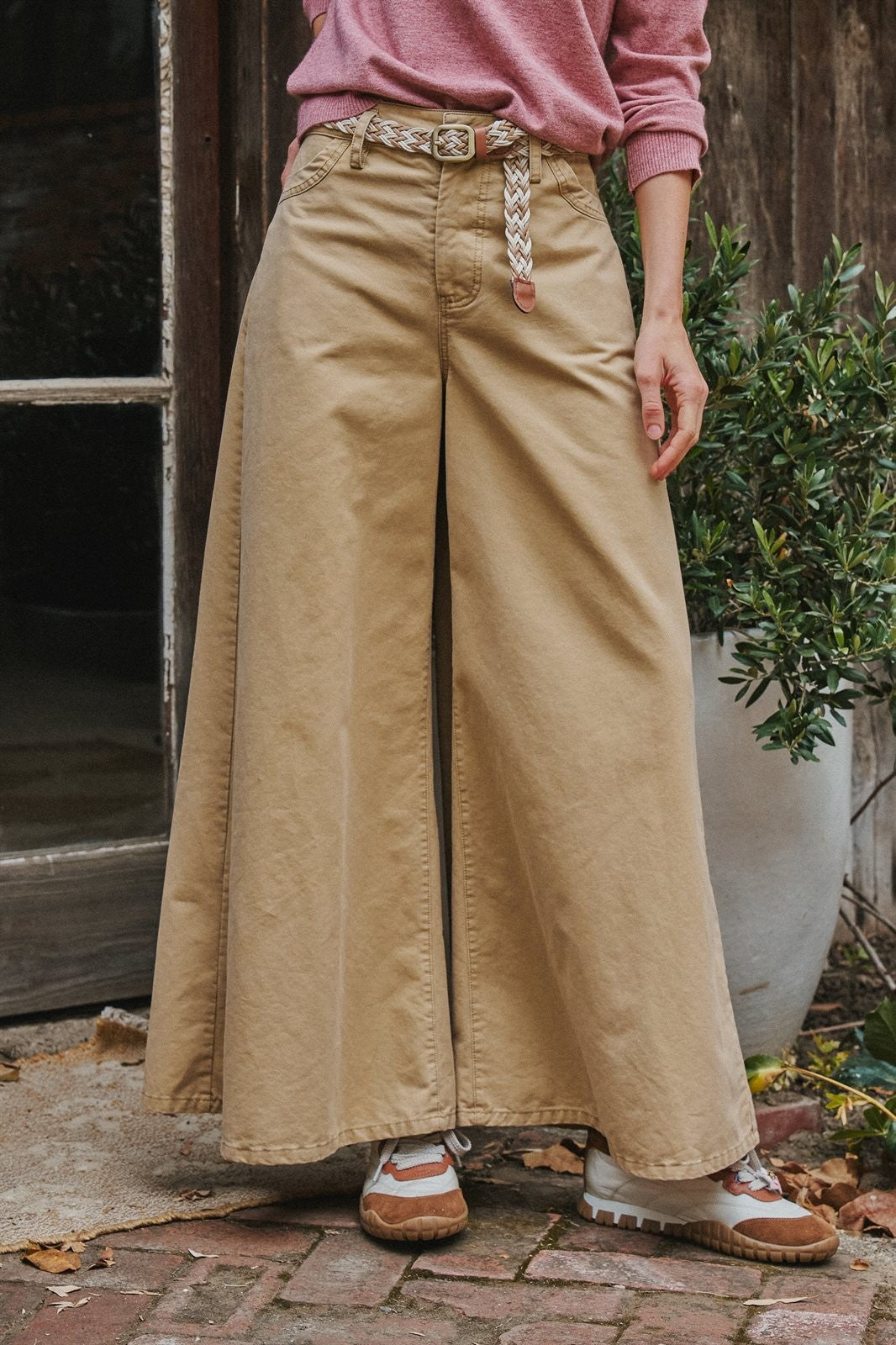Washed Cotton Wide Leg Palazzo Pants with Woven Belt in Khaki - Women's Wholesale Casual Pants | Trend Notes