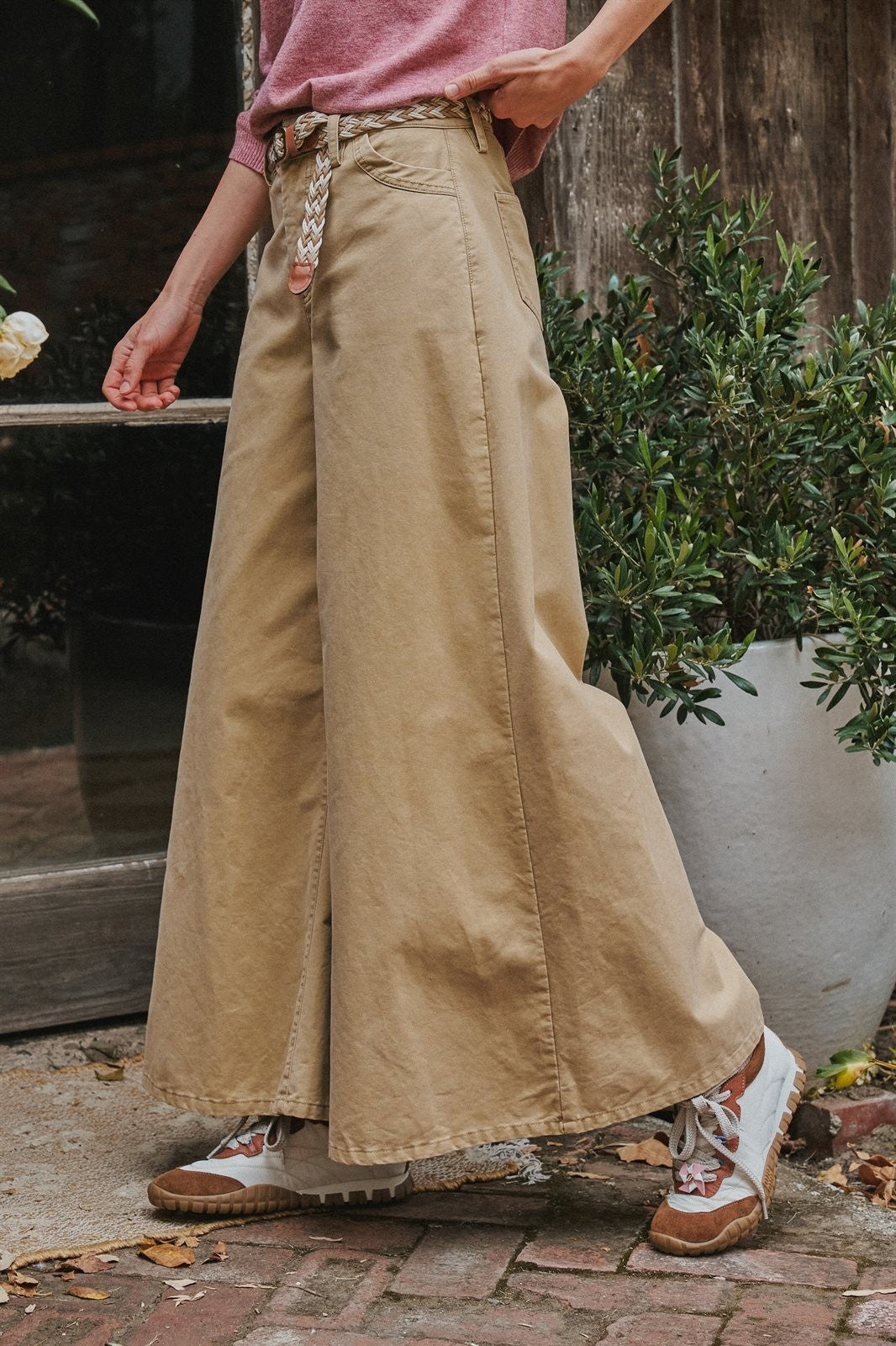 Washed Cotton Wide Leg Palazzo Pants with Woven Belt in Khaki - Women's Wholesale Casual Pants | Trend Notes