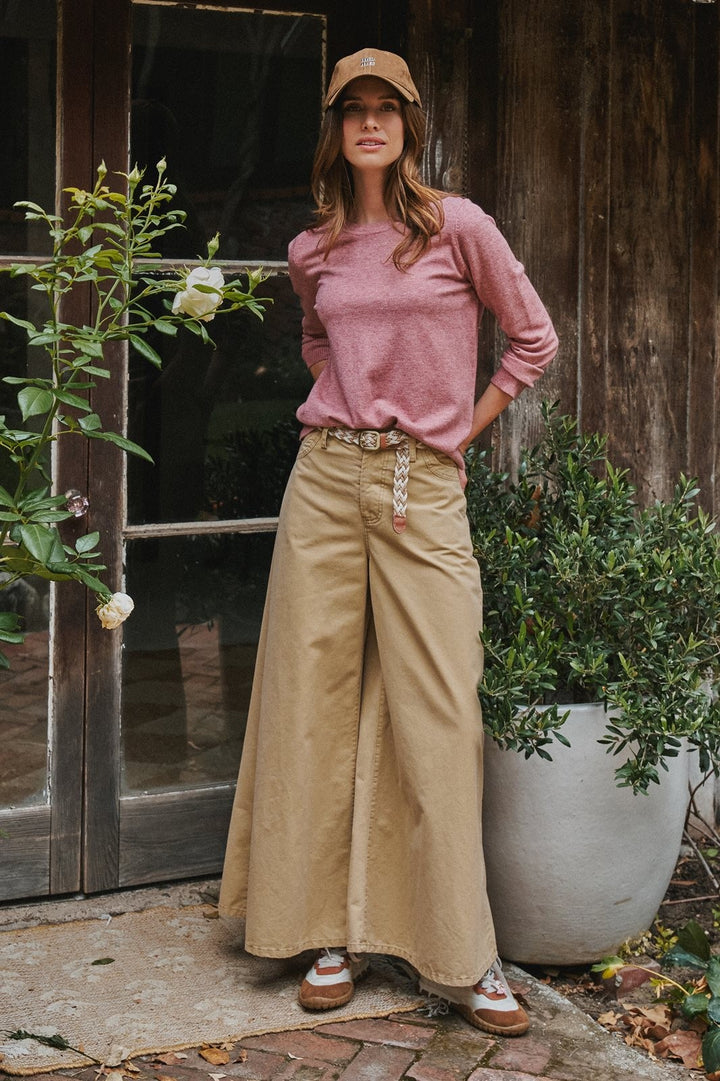 Washed Cotton Wide Leg Palazzo Pants with Woven Belt in Khaki - Women's Wholesale Casual Pants | Trend Notes