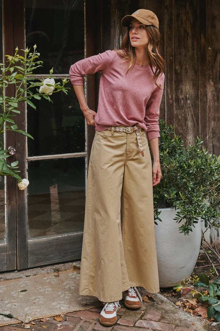 Washed Cotton Wide Leg Palazzo Pants with Woven Belt in Khaki - Women's Wholesale Casual Pants | Trend Notes