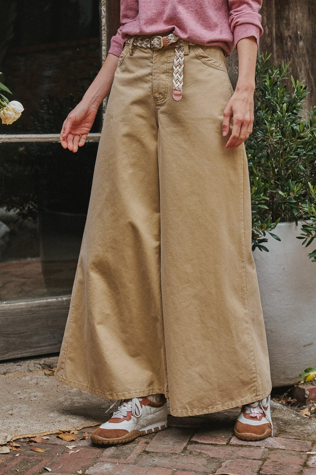 Washed Cotton Wide Leg Palazzo Pants with Woven Belt in Khaki - Women's Wholesale Casual Pants | Trend Notes