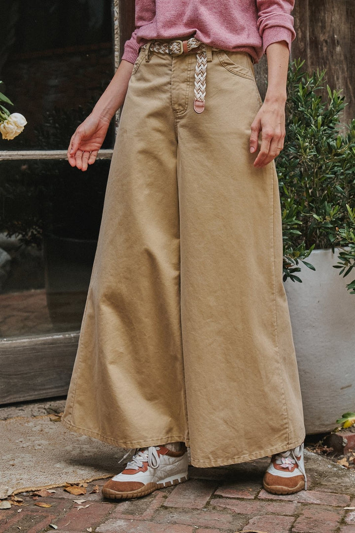 Washed Cotton Wide Leg Palazzo Pants with Woven Belt in Khaki - Women's Wholesale Casual Pants | Trend Notes