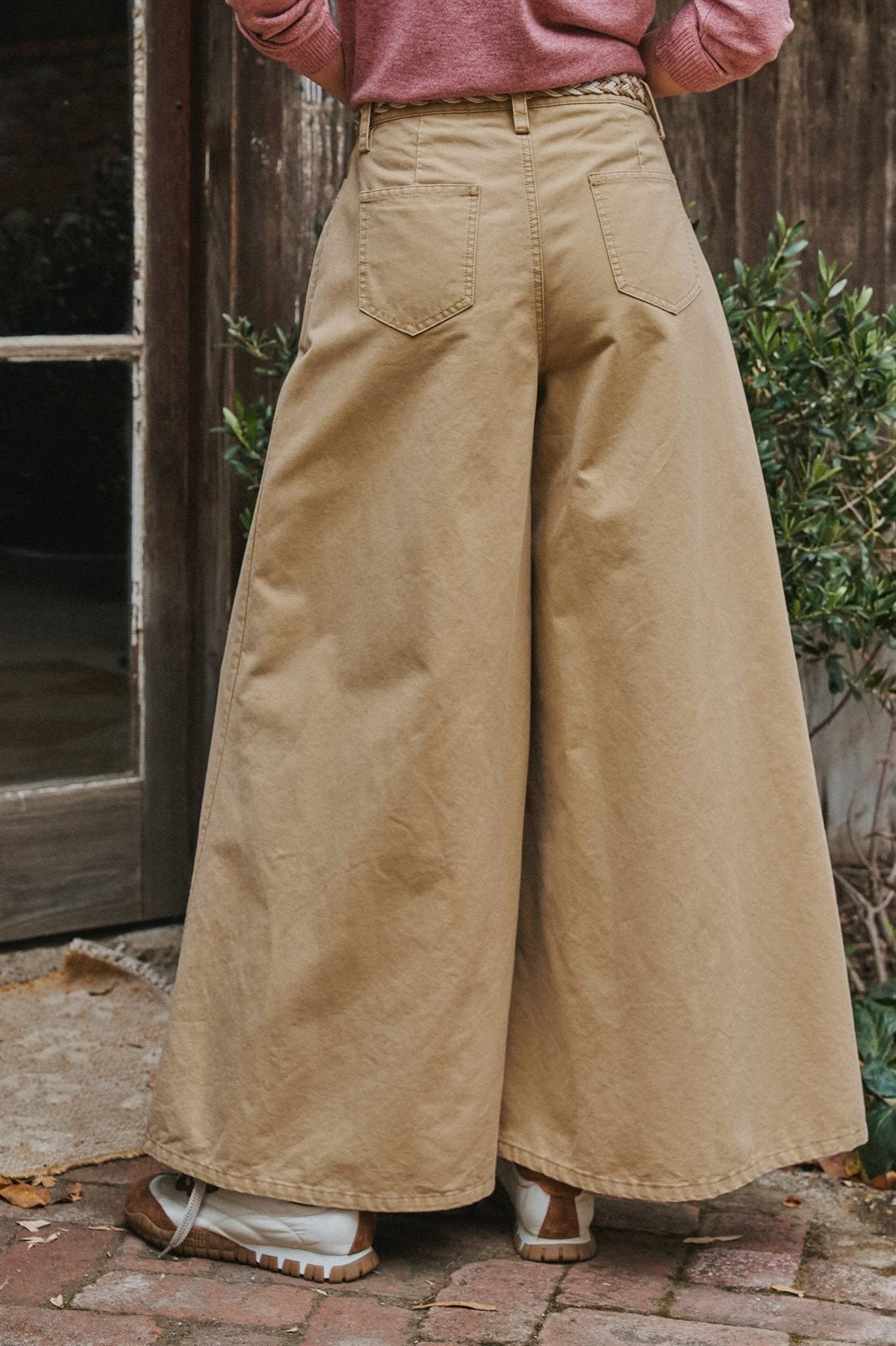 Washed Cotton Wide Leg Palazzo Pants with Woven Belt in Khaki - Women's Wholesale Casual Pants | Trend Notes