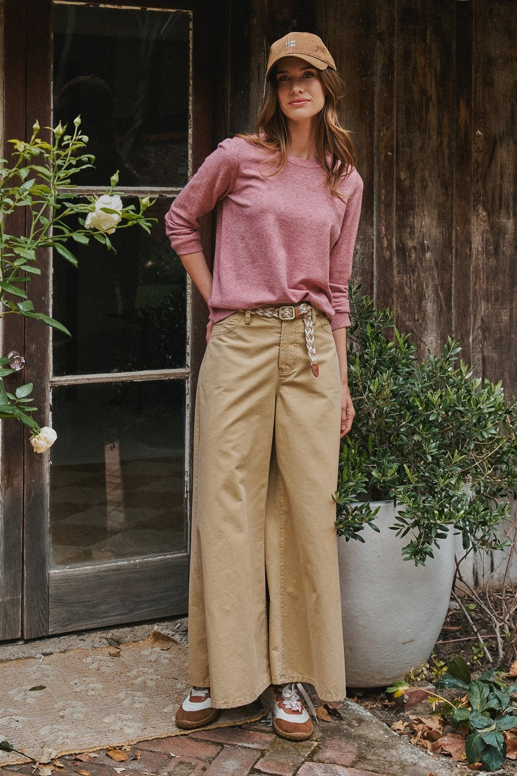 Washed Cotton Wide Leg Palazzo Pants with Woven Belt in Khaki - Women's Wholesale Casual Pants | Trend Notes