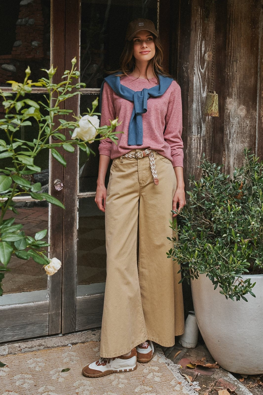 Washed Cotton Wide Leg Palazzo Pants with Woven Belt in Khaki - Women's Wholesale Casual Pants | Trend Notes