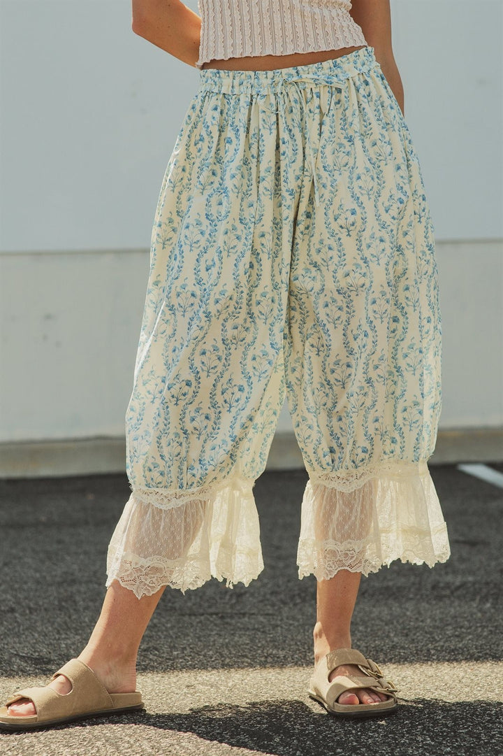 Boho Floral Print Lace Hem Bloomer Pants in Ivory Blue - Women's Wholesale Pants | Trend Notes