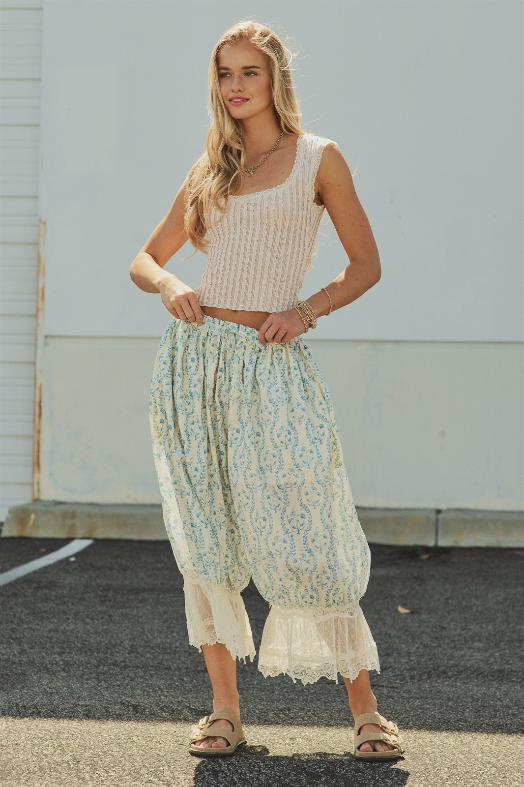Boho Floral Print Lace Hem Bloomer Pants in Ivory Blue - Women's Wholesale Pants | Trend Notes