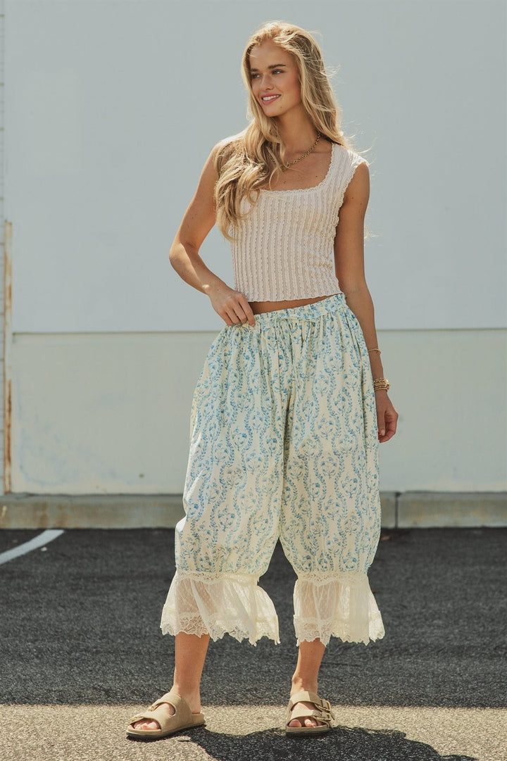 Boho Floral Print Lace Hem Bloomer Pants in Ivory Blue - Women's Wholesale Pants | Trend Notes