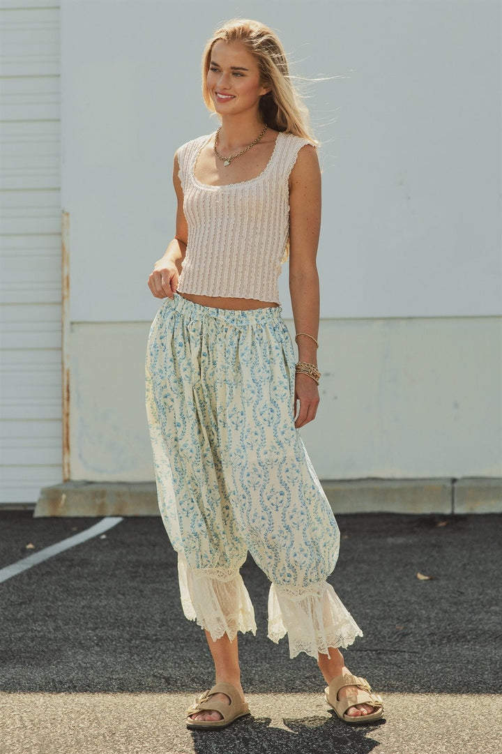 Boho Floral Print Lace Hem Bloomer Pants in Ivory Blue - Women's Wholesale Pants | Trend Notes