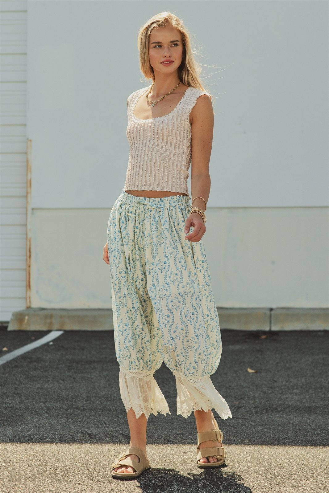 Boho Floral Print Lace Hem Bloomer Pants in Ivory Blue - Women's Wholesale Pants | Trend Notes