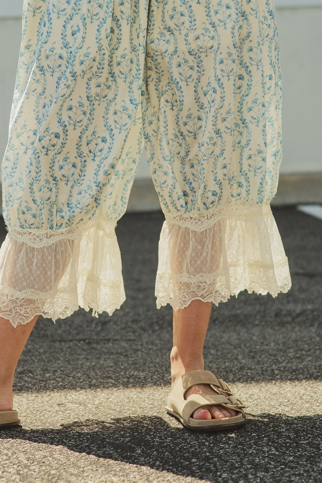 Boho Floral Print Lace Hem Bloomer Pants in Ivory Blue - Women's Wholesale Pants | Trend Notes