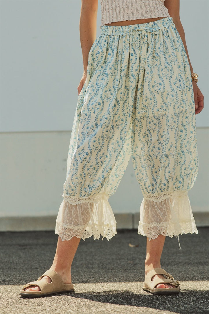 Boho Floral Print Lace Hem Bloomer Pants in Ivory Blue - Women's Wholesale Pants | Trend Notes