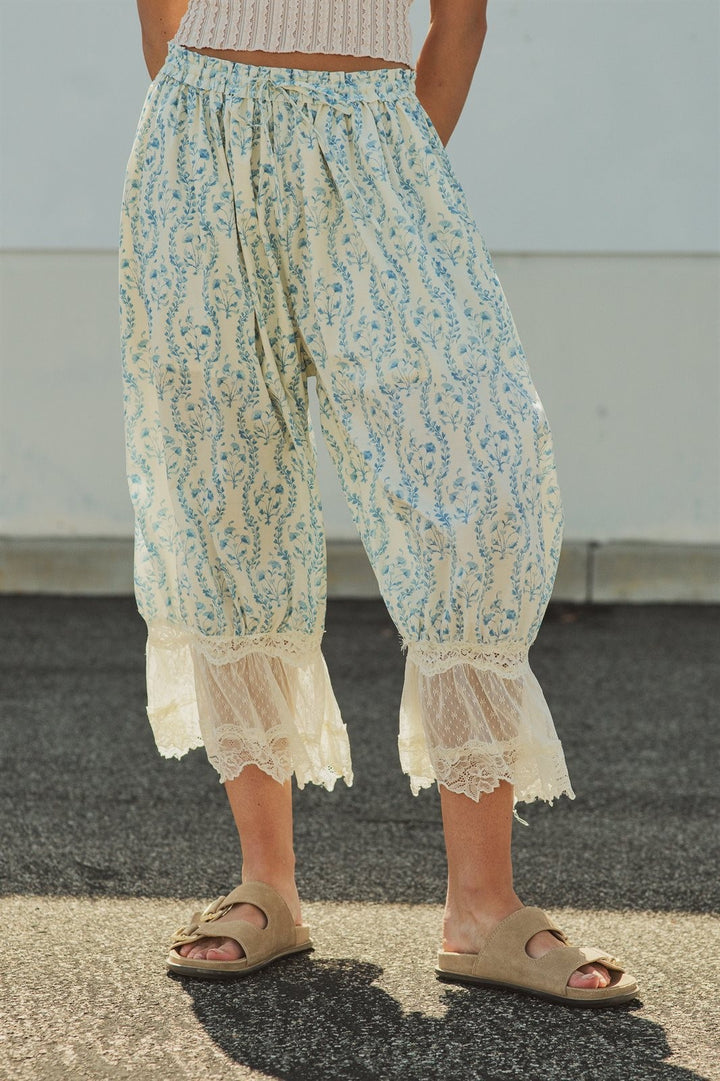 Boho Floral Print Lace Hem Bloomer Pants in Ivory Blue - Women's Wholesale Pants | Trend Notes