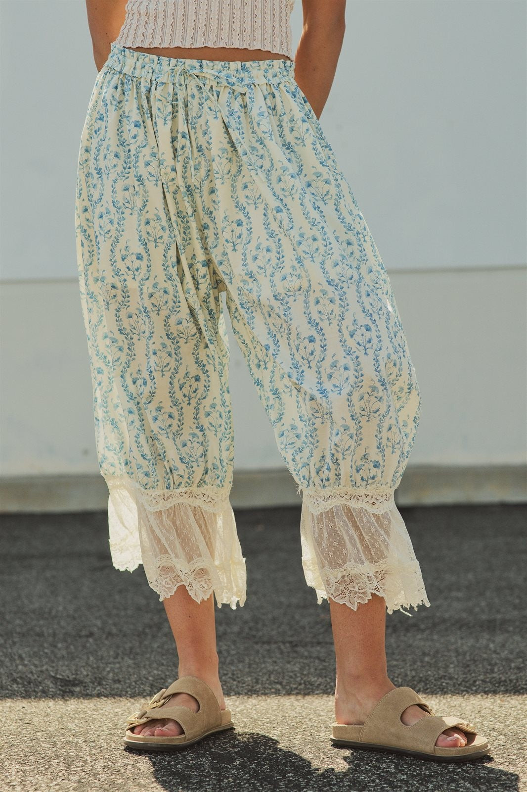 Boho Floral Print Lace Hem Bloomer Pants in Ivory Blue - Women's Wholesale Pants | Trend Notes