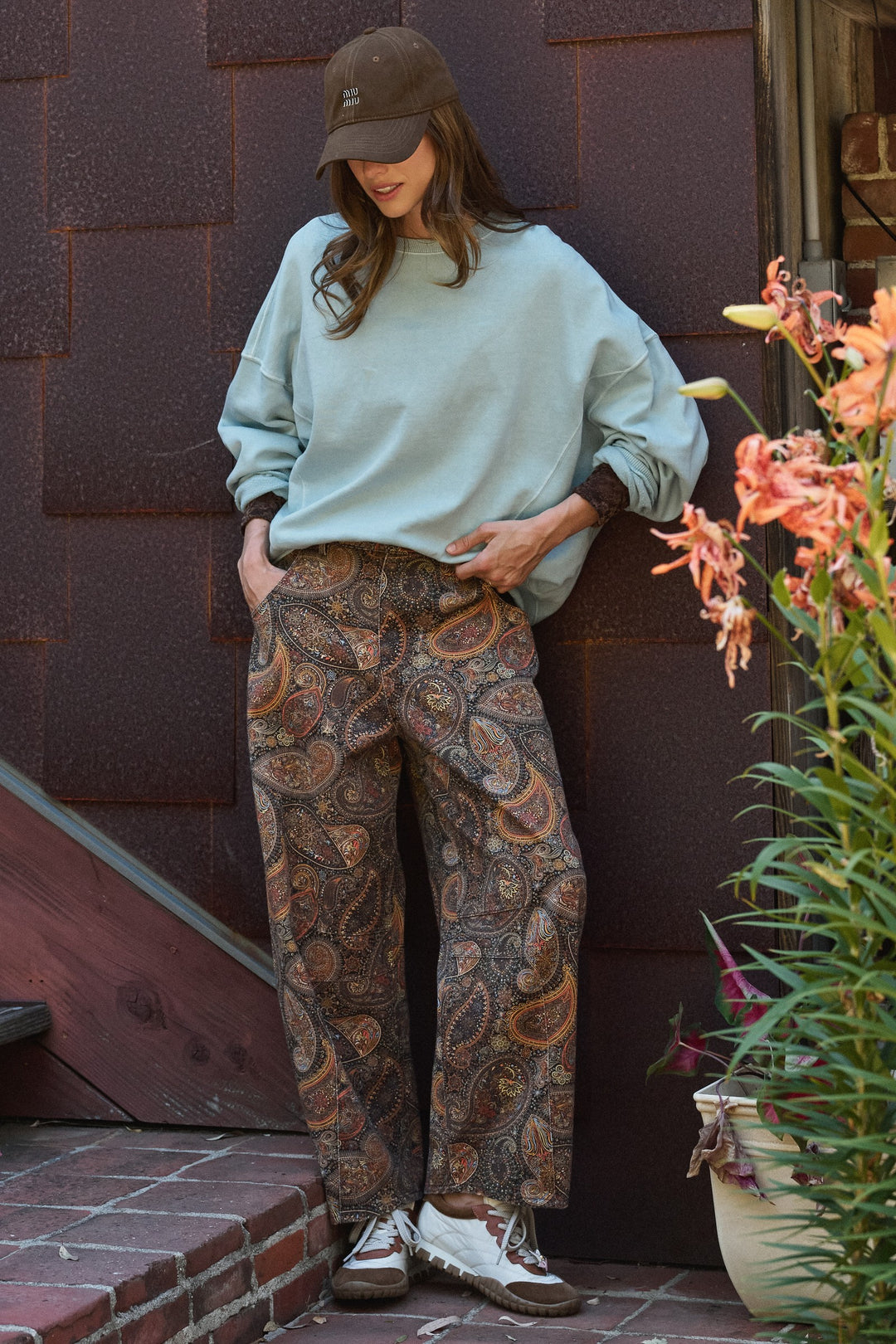 Paisley Print Denim Barrel Leg Pants in Rich Brown in Brown - Women's Wholesale Casual Pants | Trend Notes