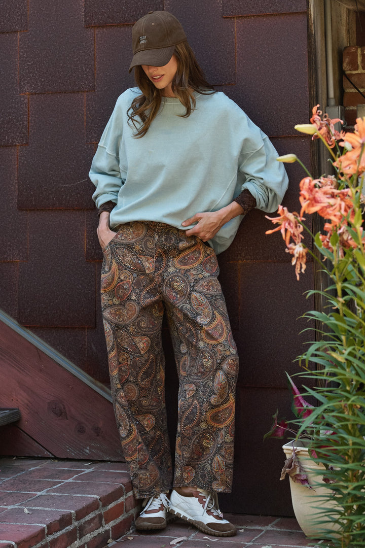 Paisley Print Denim Barrel Leg Pants in Rich Brown in Brown - Women's Wholesale Casual Pants | Trend Notes