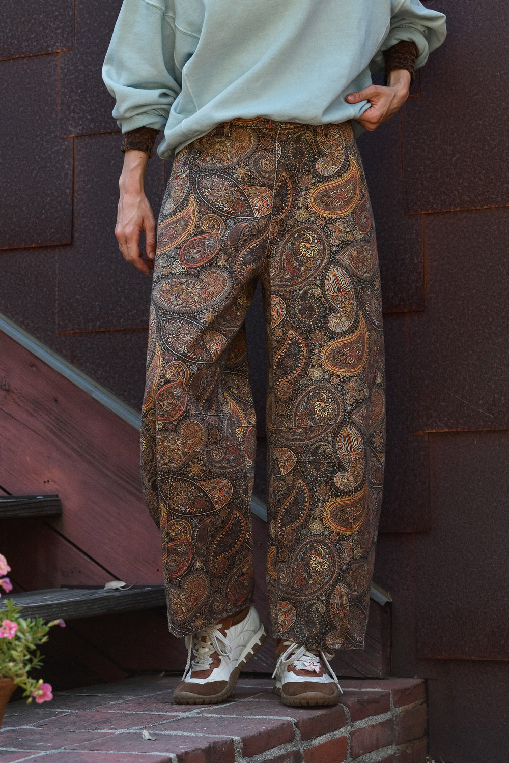 Paisley Print Denim Barrel Leg Pants in Rich Brown in Brown - Women's Wholesale Casual Pants | Trend Notes