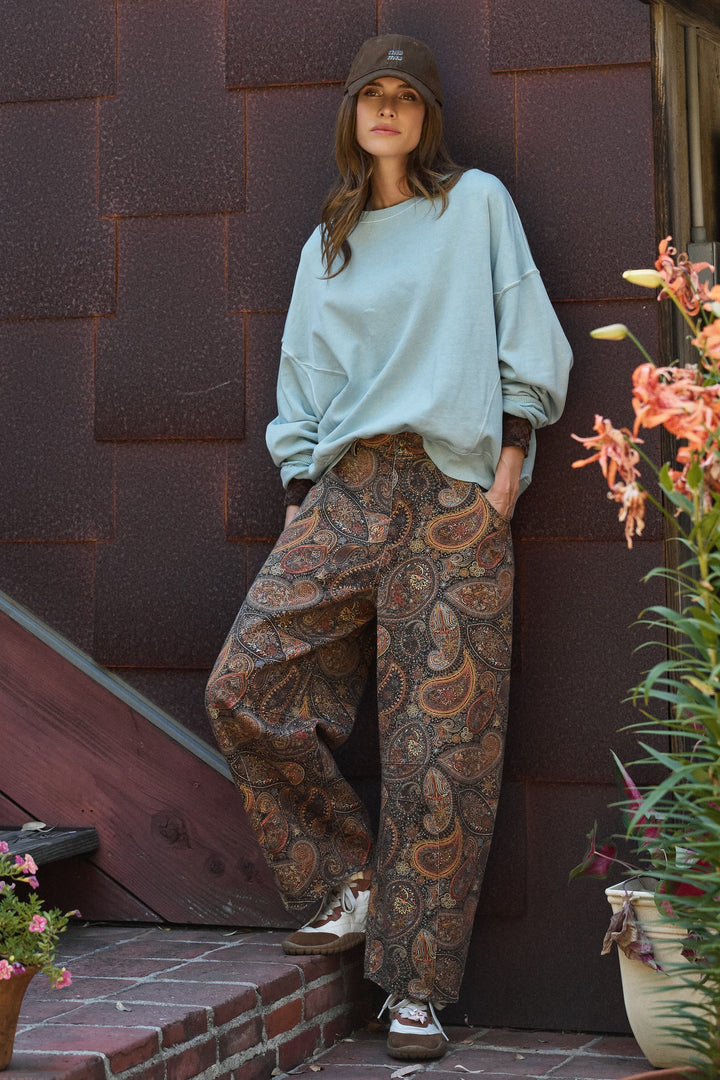 Paisley Print Denim Barrel Leg Pants in Rich Brown in Brown - Women's Wholesale Casual Pants | Trend Notes