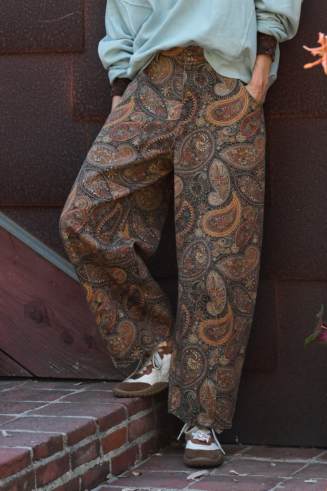 Paisley Print Denim Barrel Leg Pants in Rich Brown in Brown - Women's Wholesale Casual Pants | Trend Notes