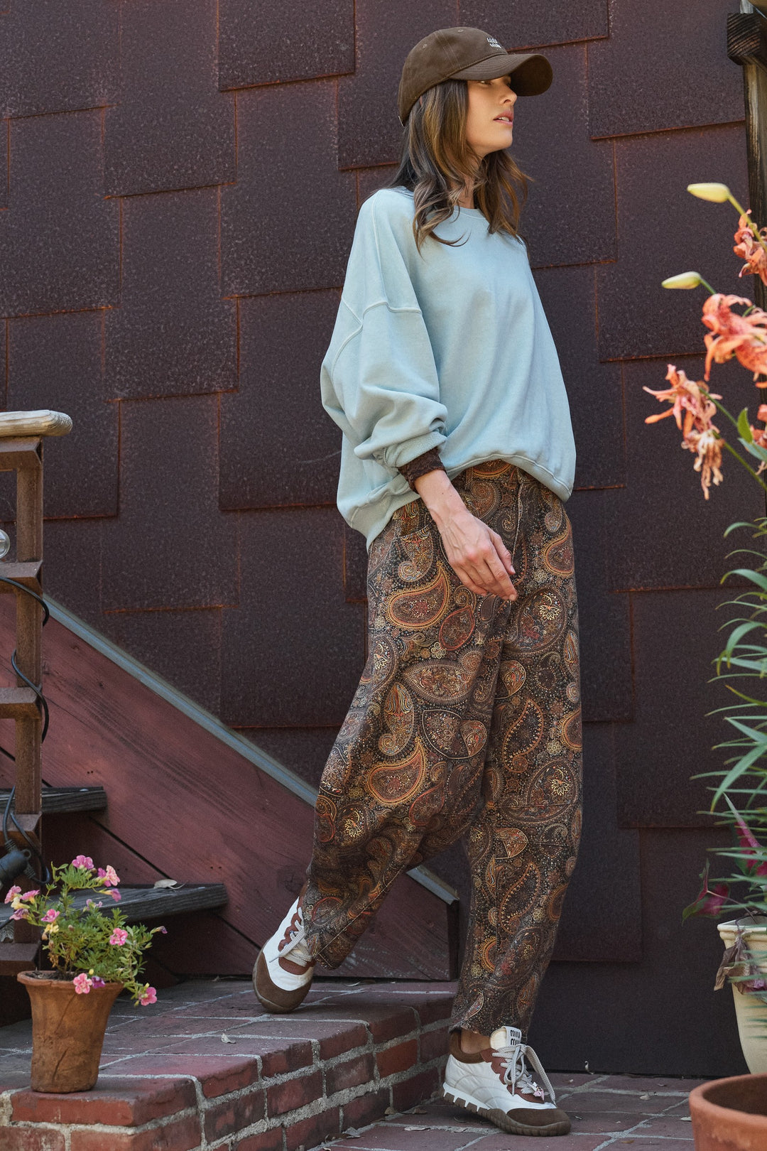 Paisley Print Denim Barrel Leg Pants in Rich Brown in Brown - Women's Wholesale Casual Pants | Trend Notes