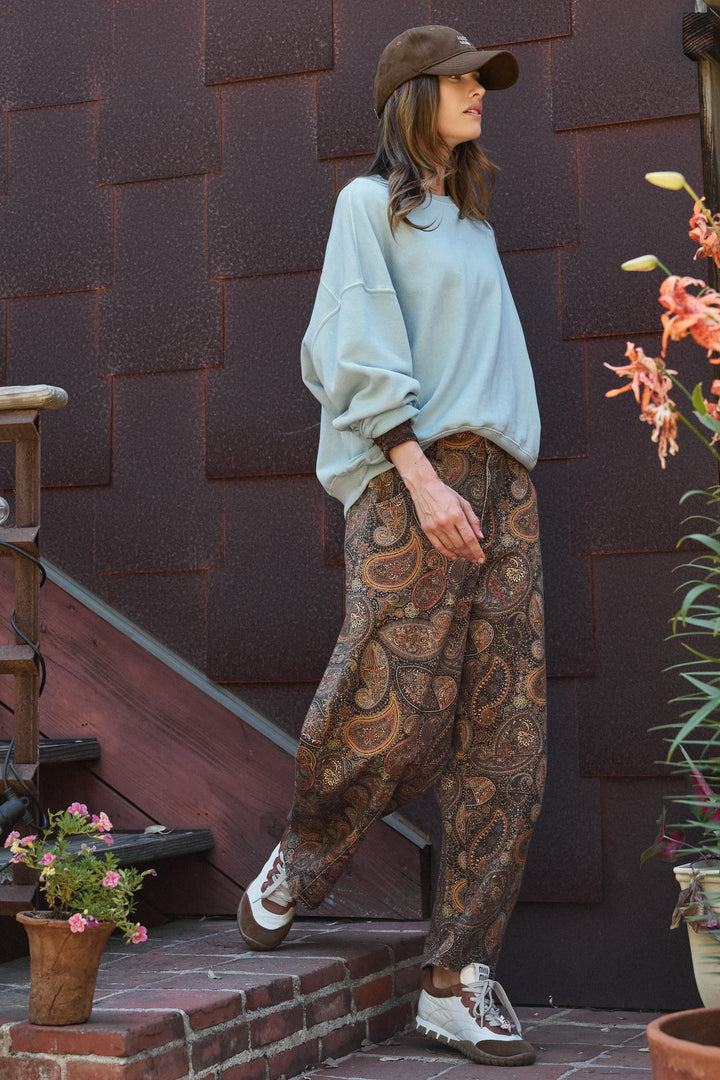 Paisley Print Denim Barrel Leg Pants in Rich Brown in Brown - Women's Wholesale Casual Pants | Trend Notes