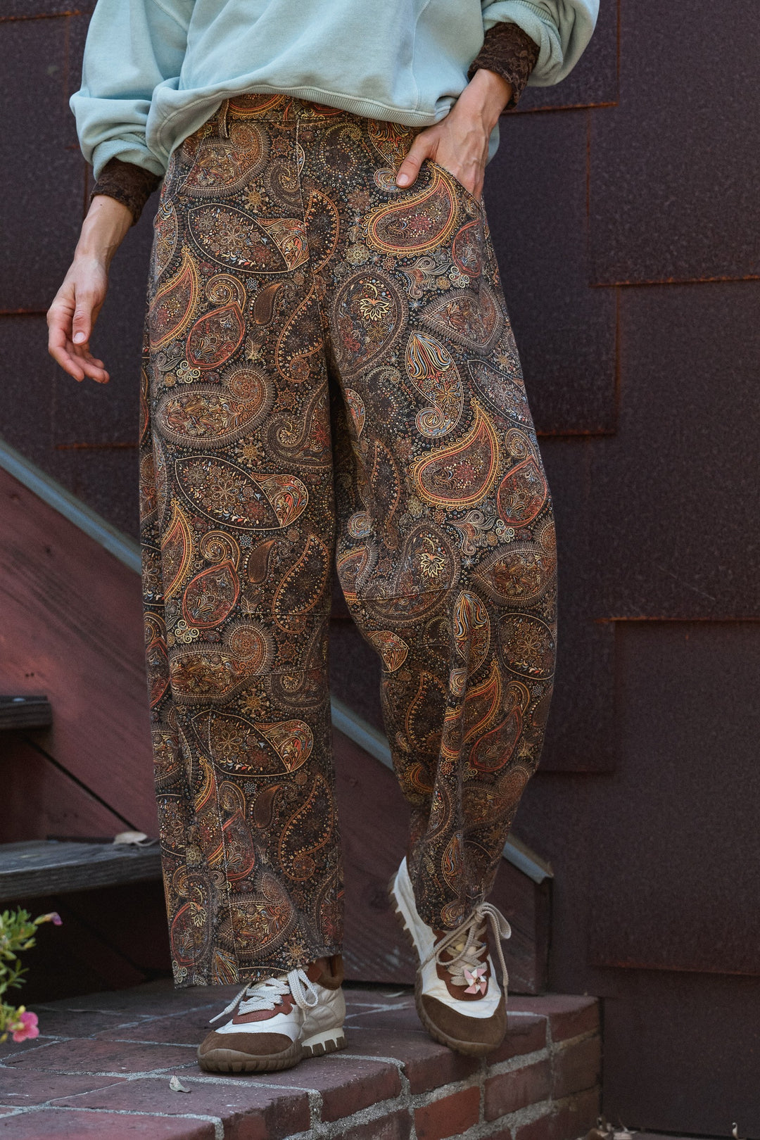 Paisley Print Denim Barrel Leg Pants in Rich Brown in Brown - Women's Wholesale Casual Pants | Trend Notes