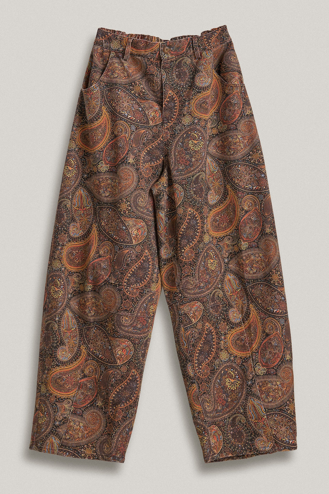 Paisley Print Denim Barrel Leg Pants in Rich Brown in Brown - Women's Wholesale Casual Pants | Trend Notes