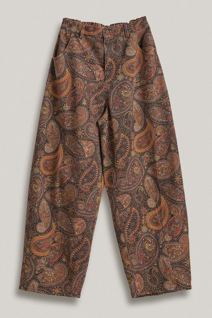 Paisley Print Denim Barrel Leg Pants in Rich Brown in Brown - Women's Wholesale Casual Pants | Trend Notes