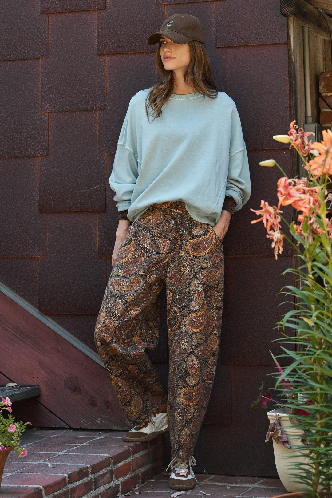 Paisley Print Denim Barrel Leg Pants in Rich Brown in Brown - Women's Wholesale Casual Pants | Trend Notes
