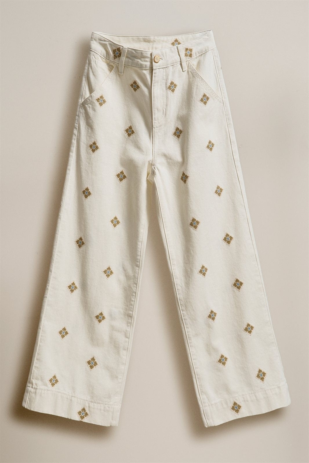 Vintage Washed Wide Leg Pants with Cross Stitch Detail in Ivory - Women's Wholesale Pants | Trend Notes