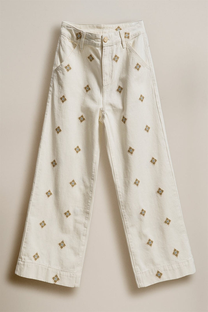 Vintage Washed Wide Leg Pants with Cross Stitch Detail in Ivory - Women's Wholesale Pants | Trend Notes