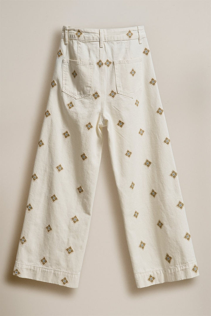 Vintage Washed Wide Leg Pants with Cross Stitch Detail in Ivory - Women's Wholesale Pants | Trend Notes