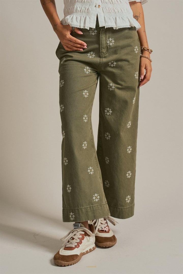 Vintage Washed Wide Leg Pants with Cross Stitch Detail in Olive - Women's Wholesale Pants | Trend Notes
