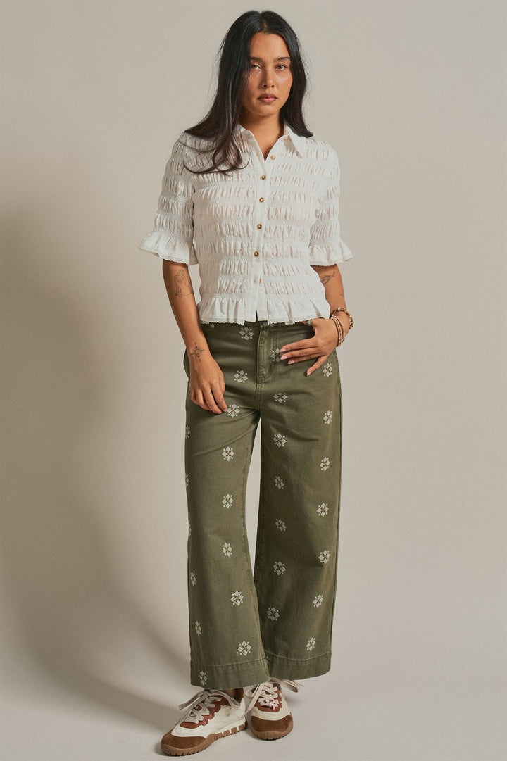 Vintage Washed Wide Leg Pants with Cross Stitch Detail in Olive - Women's Wholesale Pants | Trend Notes