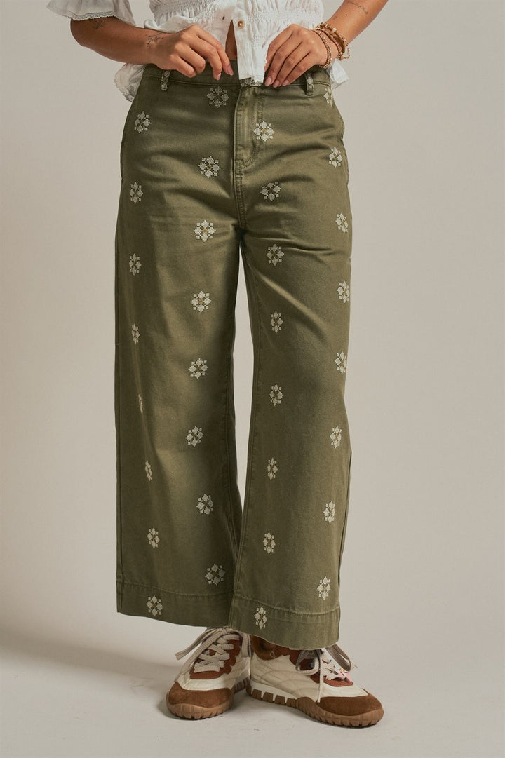 Vintage Washed Wide Leg Pants with Cross Stitch Detail in Olive - Women's Wholesale Pants | Trend Notes