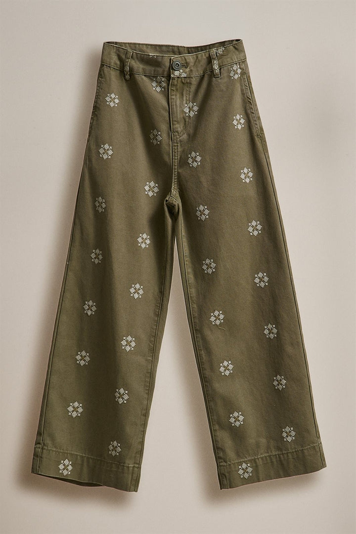 Vintage Washed Wide Leg Pants with Cross Stitch Detail in Olive - Women's Wholesale Pants | Trend Notes