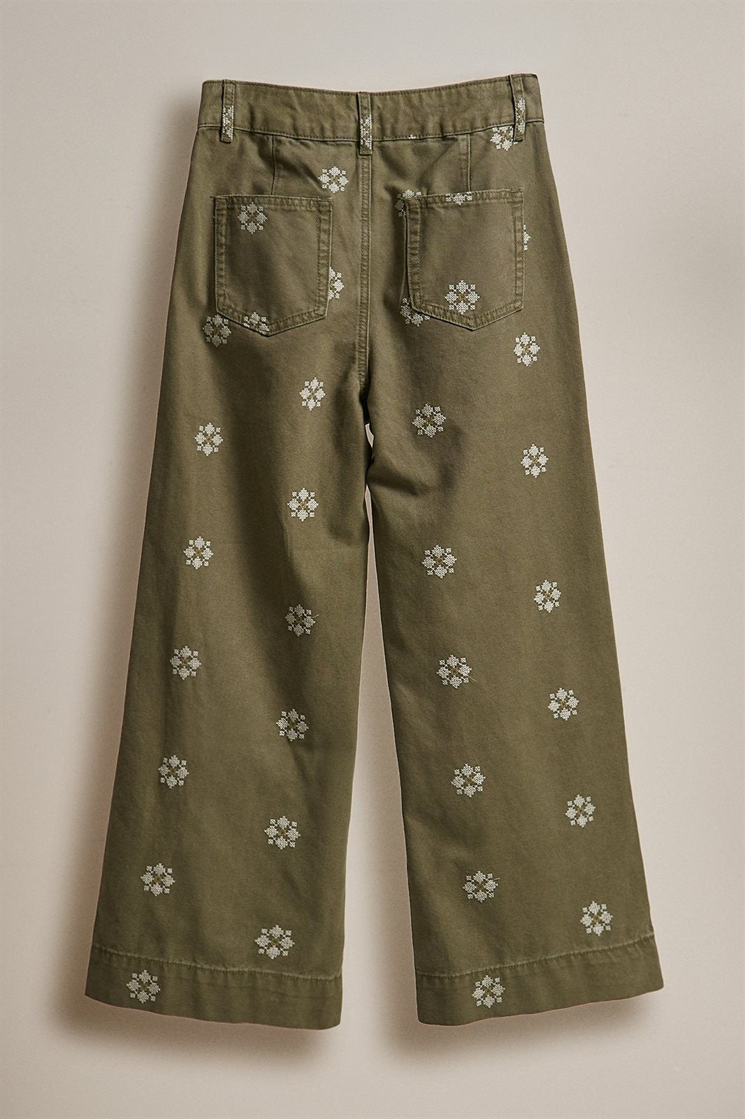 Vintage Washed Wide Leg Pants with Cross Stitch Detail in Olive - Women's Wholesale Pants | Trend Notes