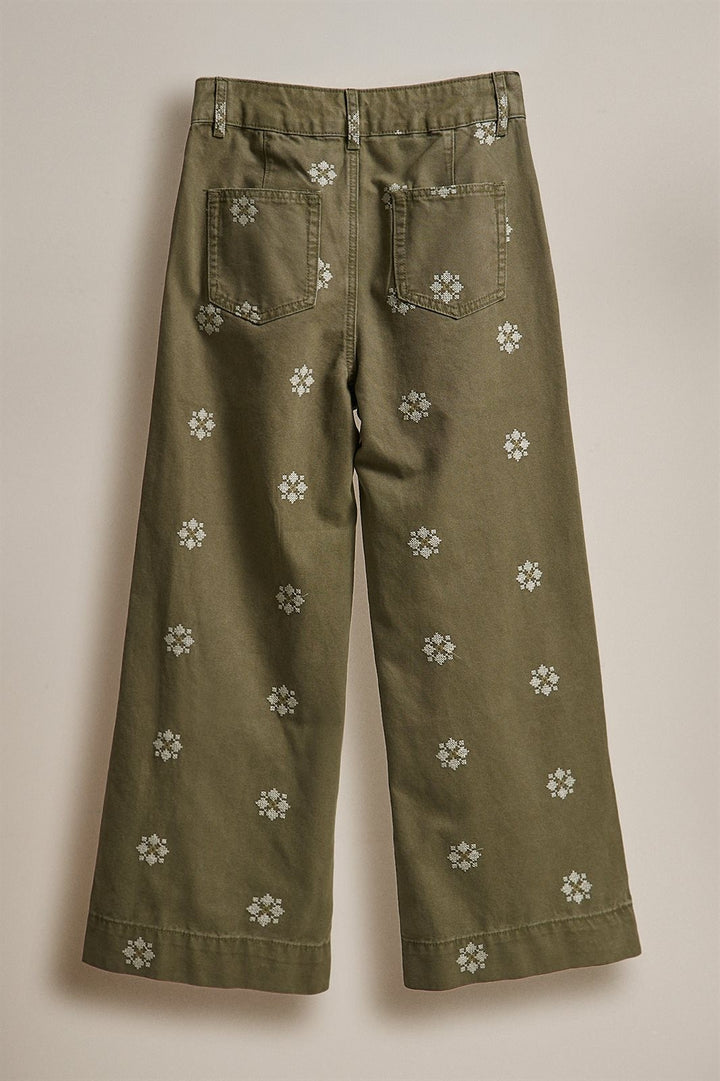 Vintage Washed Wide Leg Pants with Cross Stitch Detail in Olive - Women's Wholesale Pants | Trend Notes