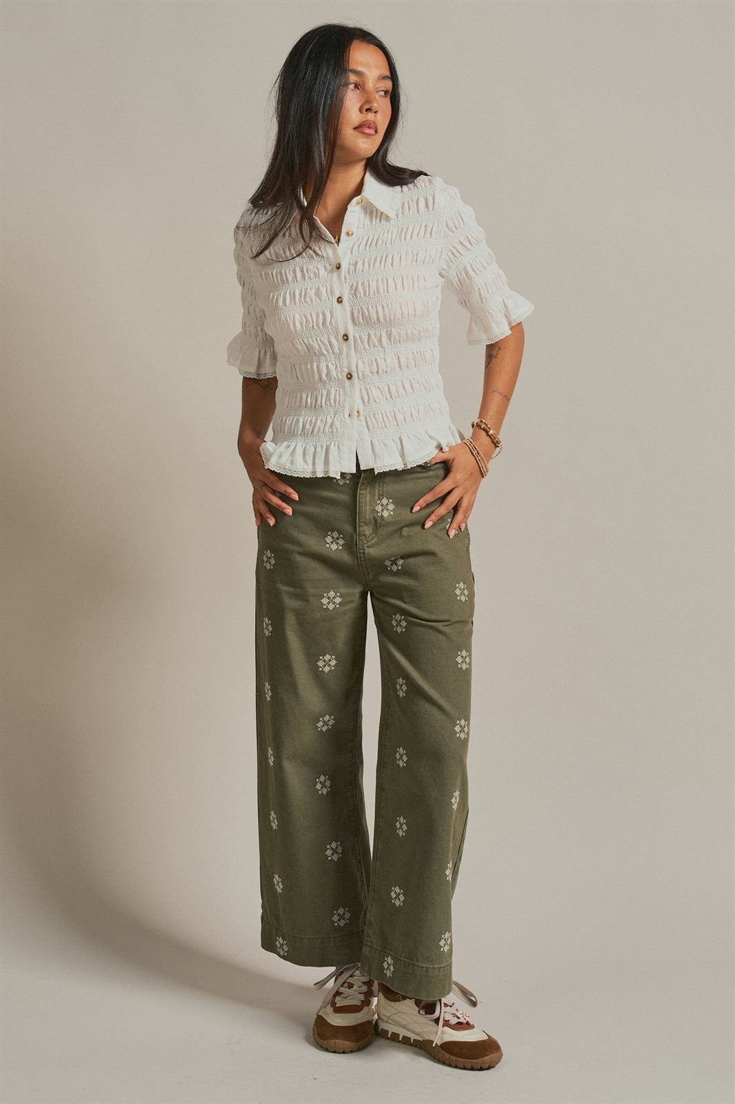 Vintage Washed Wide Leg Pants with Cross Stitch Detail in Olive - Women's Wholesale Pants | Trend Notes