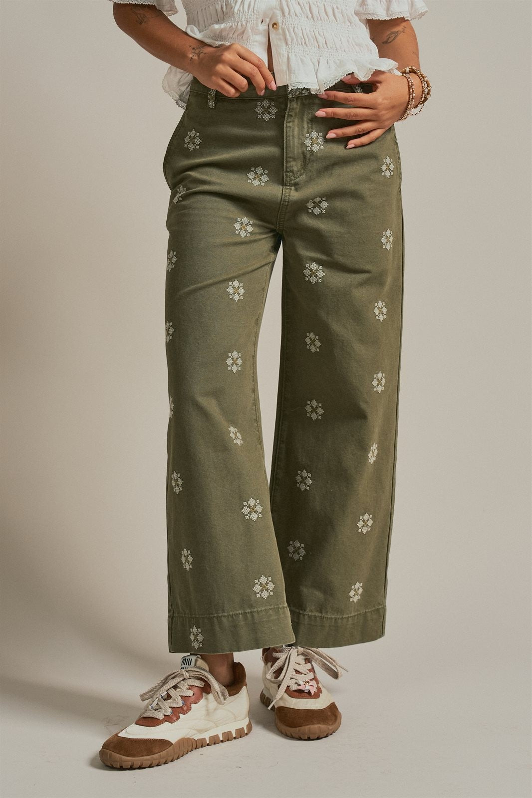 Vintage Washed Wide Leg Pants with Cross Stitch Detail in Olive - Women's Wholesale Pants | Trend Notes