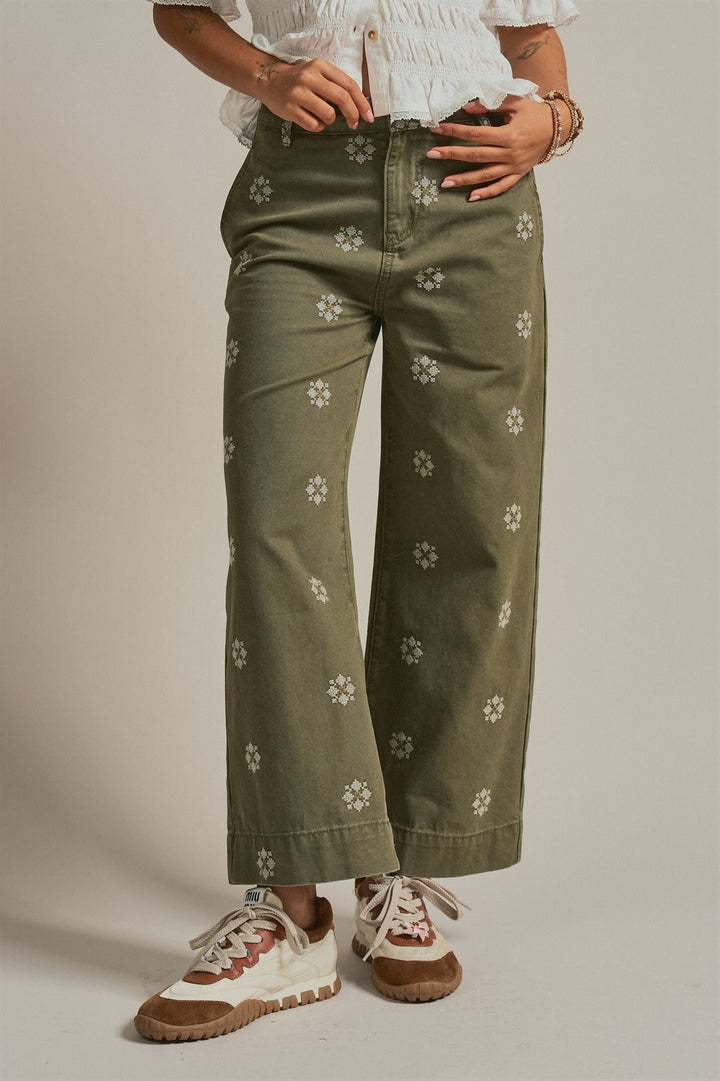 Vintage Washed Wide Leg Pants with Cross Stitch Detail in Olive - Women's Wholesale Pants | Trend Notes